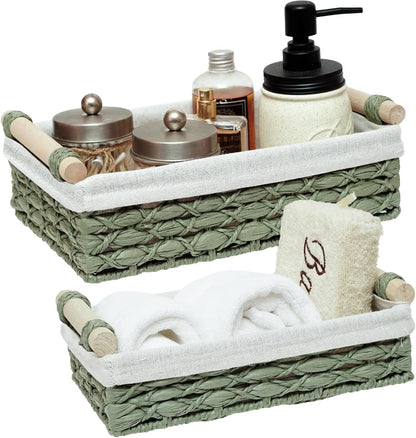Skiennix Wicker Storage Baskets - Decorative Organizing Bins with Handles | Set of 2, Green