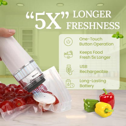 Skiennix Handheld Vacuum Sealer - USB Rechargeable with 30 Reusable Bags | Compact Food Storage Solution