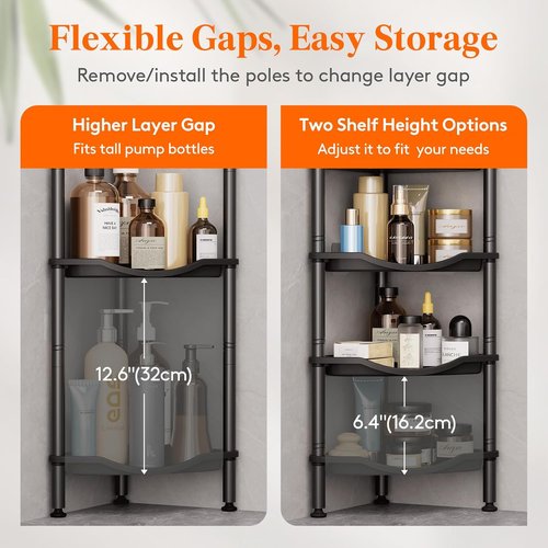 Lifewit Shower Caddy - 4-Tier Rustproof Bathroom Organizer with Adjustable Feet & Hooks | Black, 34 x 24 x 107 cm