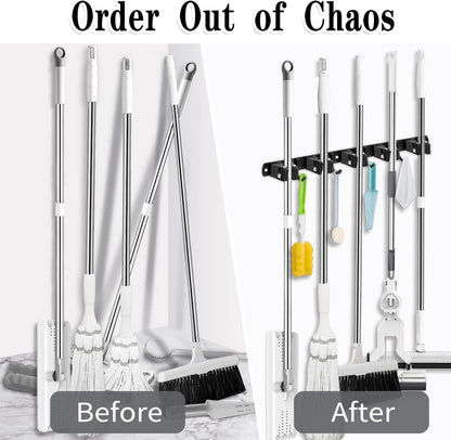 AceMining Mop and Broom Holder - 2 Pack Wall Mount Organizer with 5 Racks & 4 Heavy-Duty Hooks | Stainless Steel, Non-Slip Design for Home & Garden