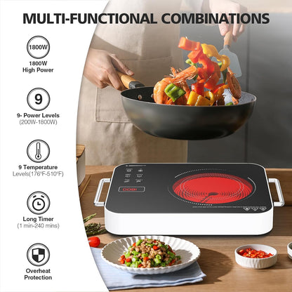 Nafewin Electric Cooktop - 1800W Portable Infrared Hot Plate with 4-Hour Timer | Single Burner Countertop