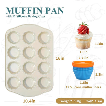 Sunshine Cream Nonstick Muffin Pan - 12 Silicone Baking Cups, Easy to Clean & Dishwasher Safe