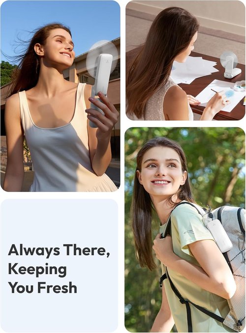 Aecooly Slim Portable Fan - USB Rechargeable Mini Handheld Fan | 24-Hour Max Cooling - White (2 Pack)