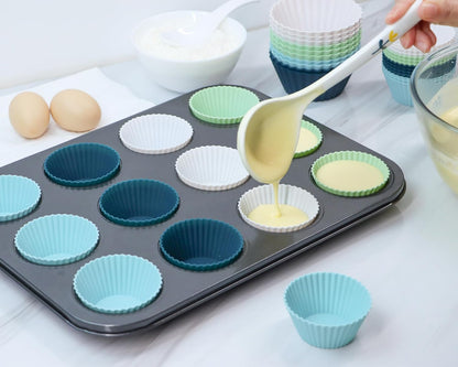 Skiennix Silicone Baking Muffin Cups - 12 Pack Reusable Cupcake Liners | BPA Free & Dishwasher Safe (White, Green, Navy, Dusty Blue)