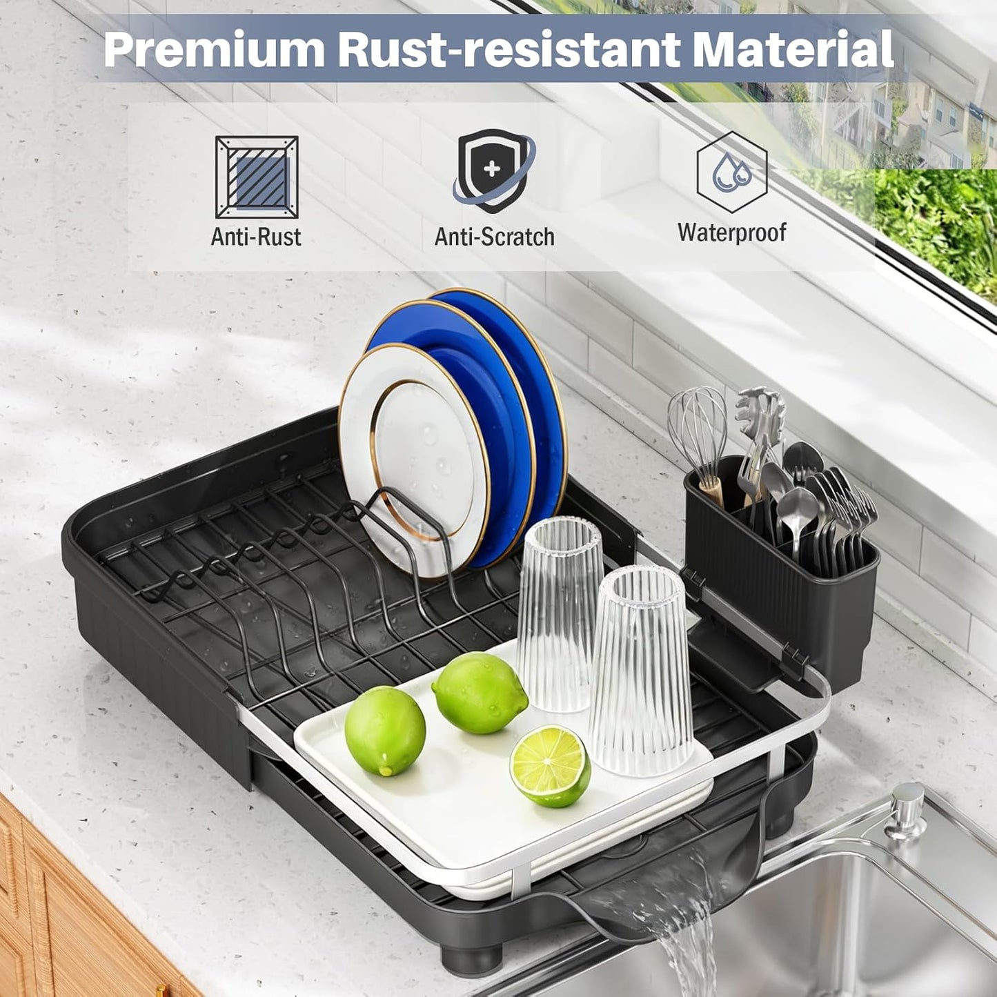 Skiennix Dish Drying Rack - Expandable Stainless Steel Drainer with Utensil Holder | Black