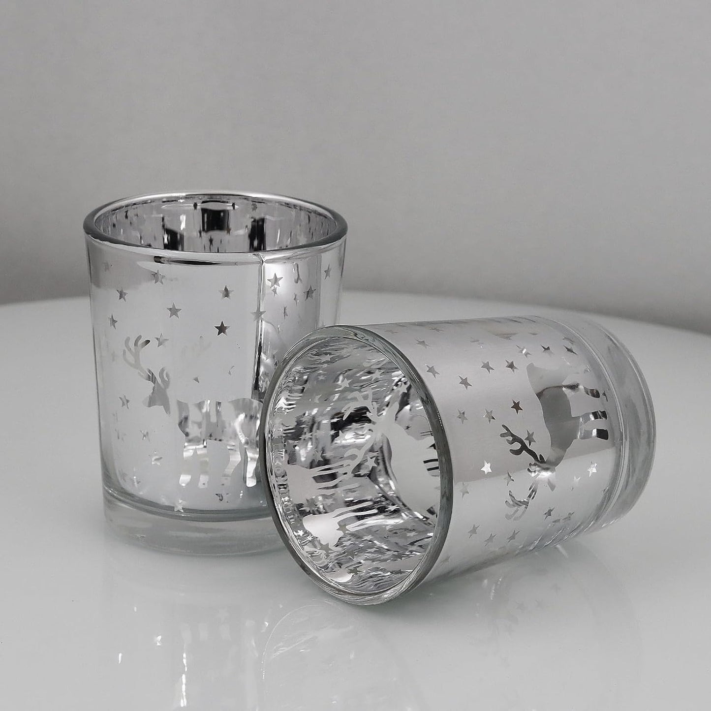 Silver Votive Tealight Candle Holders - 12PCS Christmas Decor with Carved Reindeer for Festive Centerpieces