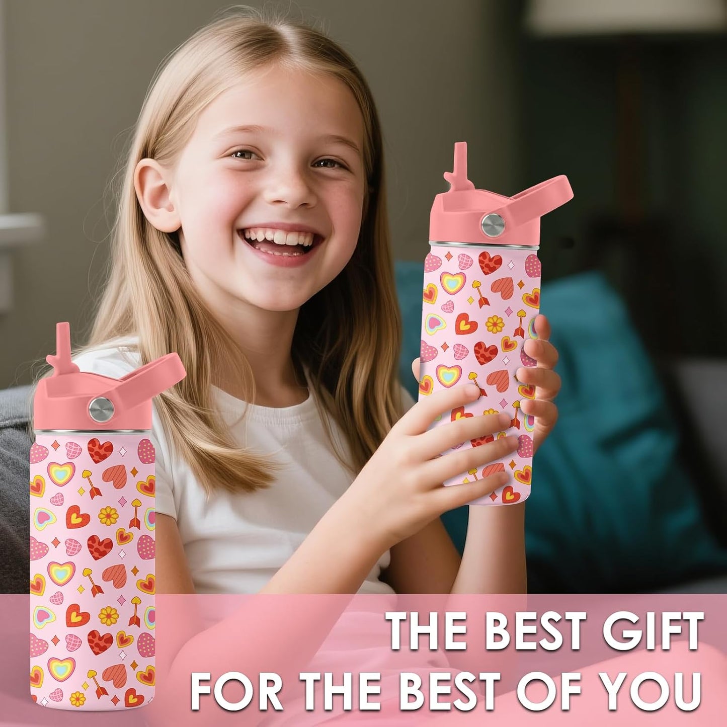Skiennix Heart Pattern Kids Water Bottle - 16 Oz Stainless Steel Insulated Tumbler, Leak Proof, BPA-Free, Ideal for School & Travel