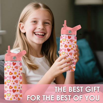 Skiennix Heart Pattern Kids Water Bottle - 16 Oz Stainless Steel Insulated Tumbler, Leak Proof, BPA-Free, Ideal for School & Travel