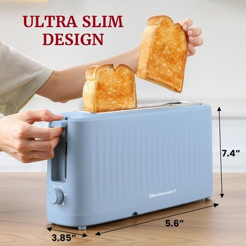 Elite Gourmet SLIMTOAST™ 2-Slice Long Slot Toaster - Cool-Touch Body, 6 Settings, Ocean Blue