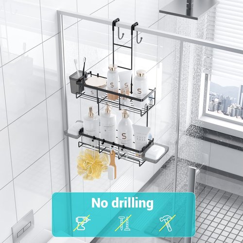 Aitatty Over The Door Shower Caddy - Rustproof Hanging Organizer Rack in Black | No Drilling Required