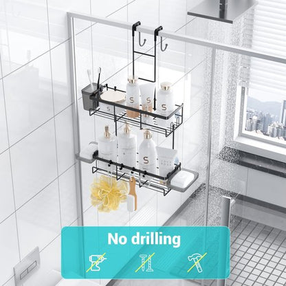 Aitatty Over The Door Shower Caddy - Rustproof Hanging Organizer Rack in Black | No Drilling Required
