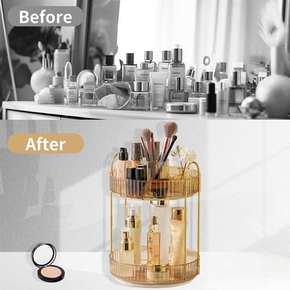 Asayuee 360° Rotating Makeup Organizer - Large Capacity 2-Tier Vanity Storage in Gold