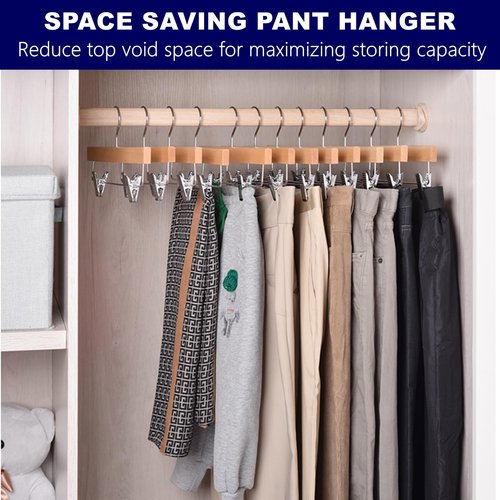 Amber Home 24 Pack Natural Wooden Pants Hangers with Clips, Wood Skirt Hangers Trouser Hangers for Jeans, Slacks, Shorts with 2-Adjustable Clips