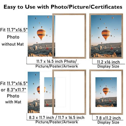 JCJMY 11.7x16.5 A3 Picture Frame Rustic Brown with 8.3x11.7 A4 Mat, Display Photo 8.3x11.7 with Mat or 11.7 x 16.5 Without Mat, Wall Hanging Large Frame with Plexiglass, Rustic Brown