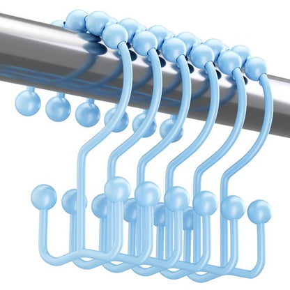 Titanker Shower Curtain Hooks, Rust Resistant Shower Curtain Rings for Bathroom, Metal Double Glide Shower Hooks Hangers for Bathroom Shower Rods Curtains, Set of 12 Hooks - Blue