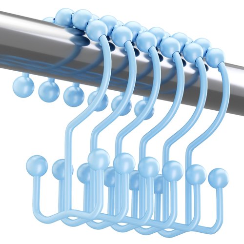 Titanker Shower Curtain Hooks, Rust Resistant Shower Curtain Rings for Bathroom, Metal Double Glide Shower Hooks Hangers for Bathroom Shower Rods Curtains, Set of 12 Hooks - Blue
