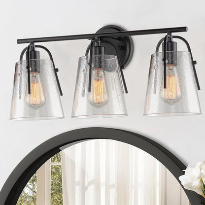 Kira Home Branson 22" 3-Light Modern Farmhouse Vanity/Bathroom Light + Seeded Glass Cone Shades, Black Finish
