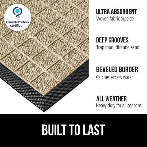GORILLA GRIP Waterproof All-Season Doormat - Natural Rubber, Stain & Fade Resistant, Easy Clean, 29x17, Taupe Grid