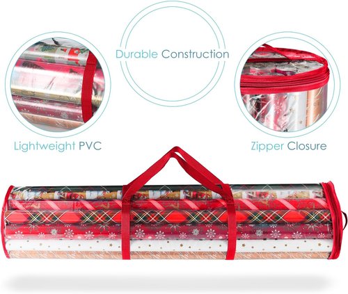 Hearth & Harbor Wrapping Paper Storage Container - Tear-Proof Organizer for 14 Rolls - Clear & Red Design
