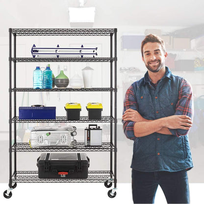 BestOffice 6-Tier Wire Storage Shelves with Wheels - Heavy-Duty Metal, Adjustable, 18x48x78, Black | Easy No-Tool Assembly, Holds Up to 600 lbs