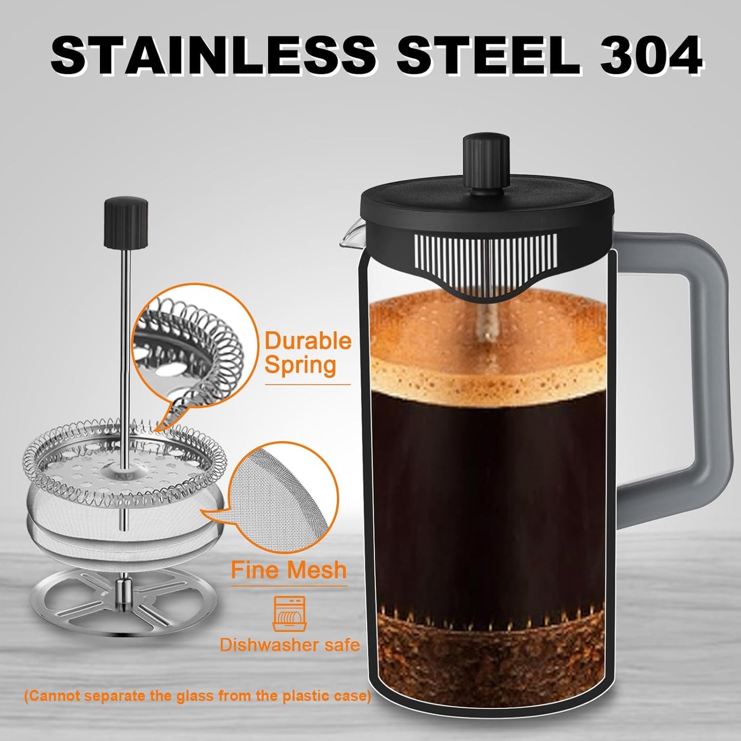 YOLIFE French Press Coffee Maker - 21 oz Heat-Resistant Borosilicate Glass | Portable Grey & Black Design