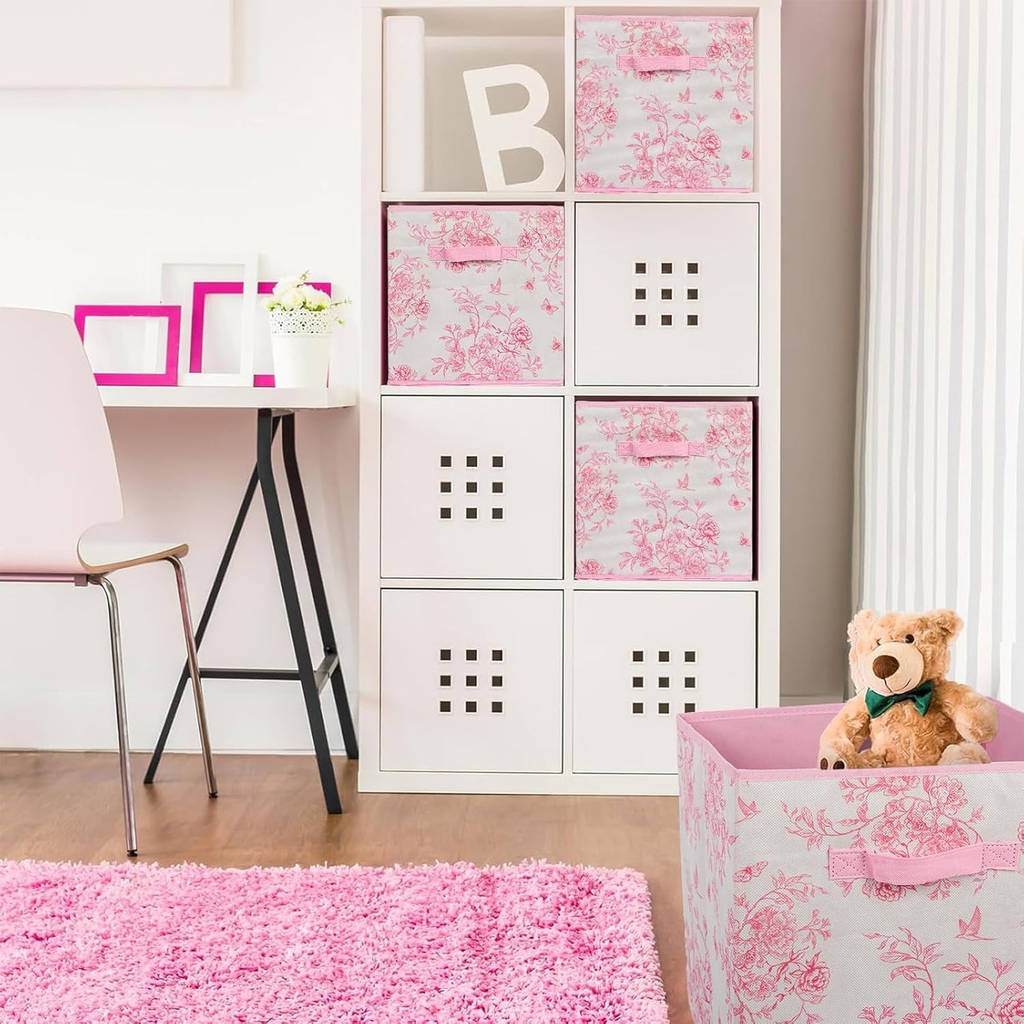 Skiennix Pink Floral Cube Storage Bins - 12.5 Inch Collapsible Organizer Baskets for Home & Office