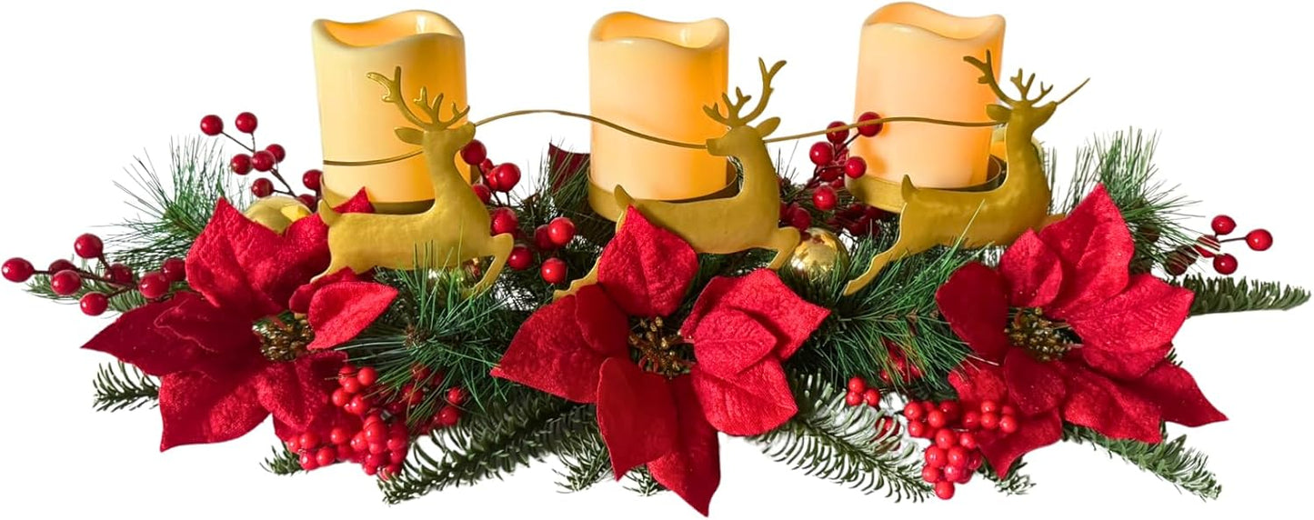 Skiennix Christmas Poinsettia Candle Holder - Elegant Table Centerpiece with Metal Deer & Red Berries