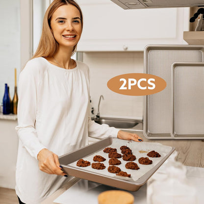 Skiennix Nonstick Baking Pan Set - Heavy Duty Cookie Sheets for Perfect Baking | 9x13in & 10x15in, Gold