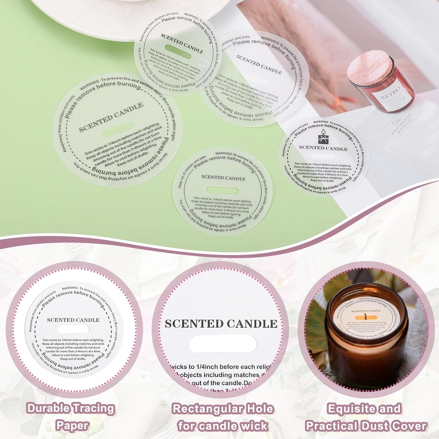 MECCANIXITY Candle Dust Covers - 60 Pcs Round 5cm Translucent Drip Protectors for Craft Jars | Letter Pattern