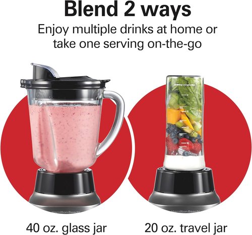 Hamilton Beach Wave Action Blender - Smoothies & More | 40oz Glass Jar, 20oz Travel Jar, 800 Watts, Silver