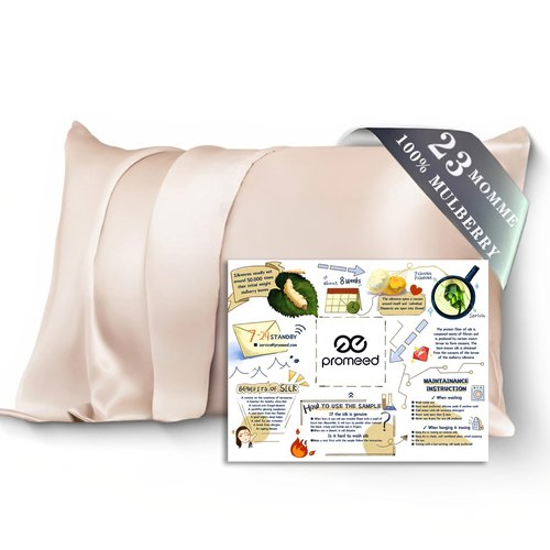 PROMEED 100% Mulberry Silk Pillowcase for Hair and Skin, Both Sides 23 Momme Grade 6A+ Silk Pillow Case with Hidden Zipper, 1400 TC, Soft & Smooth (Standard 20"x26", Champagne)