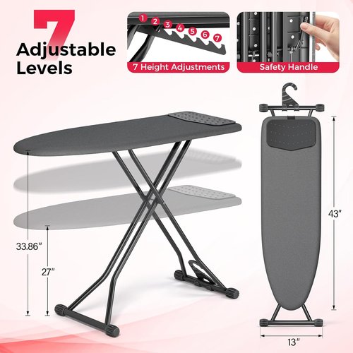 APEXCHASER Compact Ironing Board - Foldable Design with Heat Resistant Cover | 7 Height Adjustments, 13x43 Black