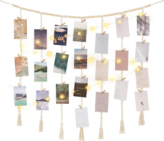 Mkono Macrame Photo Display Wall Decor - Boho String Lights & Wooden Beads | 45 Clip Collage Frame for Bedroom & Dorm