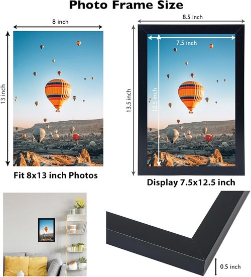 JCJMY 8x13 Picture Frame - Black Wall Mount or Tabletop Display | Shatter-Resistant Plexiglass