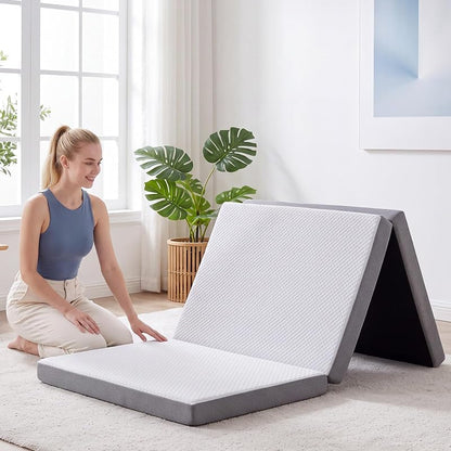 White 6 Inch Tri-Fold Memory Foam Mattress topper - Foldable Guest Bed for Camping