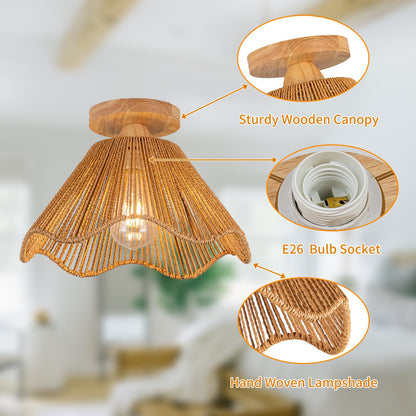 Zswanbei Boho Light Fixtures Ceiling Mount Boho Rattan Ceiling Light Flush Mount Mini Chandelier Woven Ceiling Light Fixture for Bedroom Hallway Entryway Bathroom Nursery, D32cm