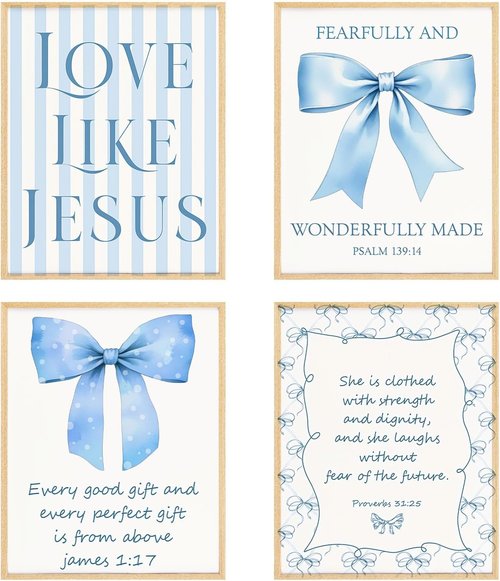 BRRNYOI Coquette Blue Bow Wall Art Posters Set - Bible Verse Decor for Girls' Room | 8x10 Unframed Canvas Prints