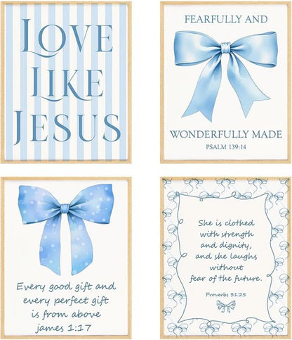 BRRNYOI Coquette Blue Bow Wall Art Posters Set - Bible Verse Decor for Girls' Room | 8x10 Unframed Canvas Prints