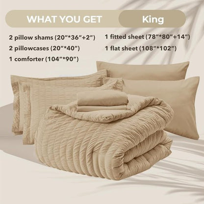 HYMOKEGE King Size Comforter Set - Luxury 7-Piece Seersucker Bedding Set in Khaki | All-Season Comfort