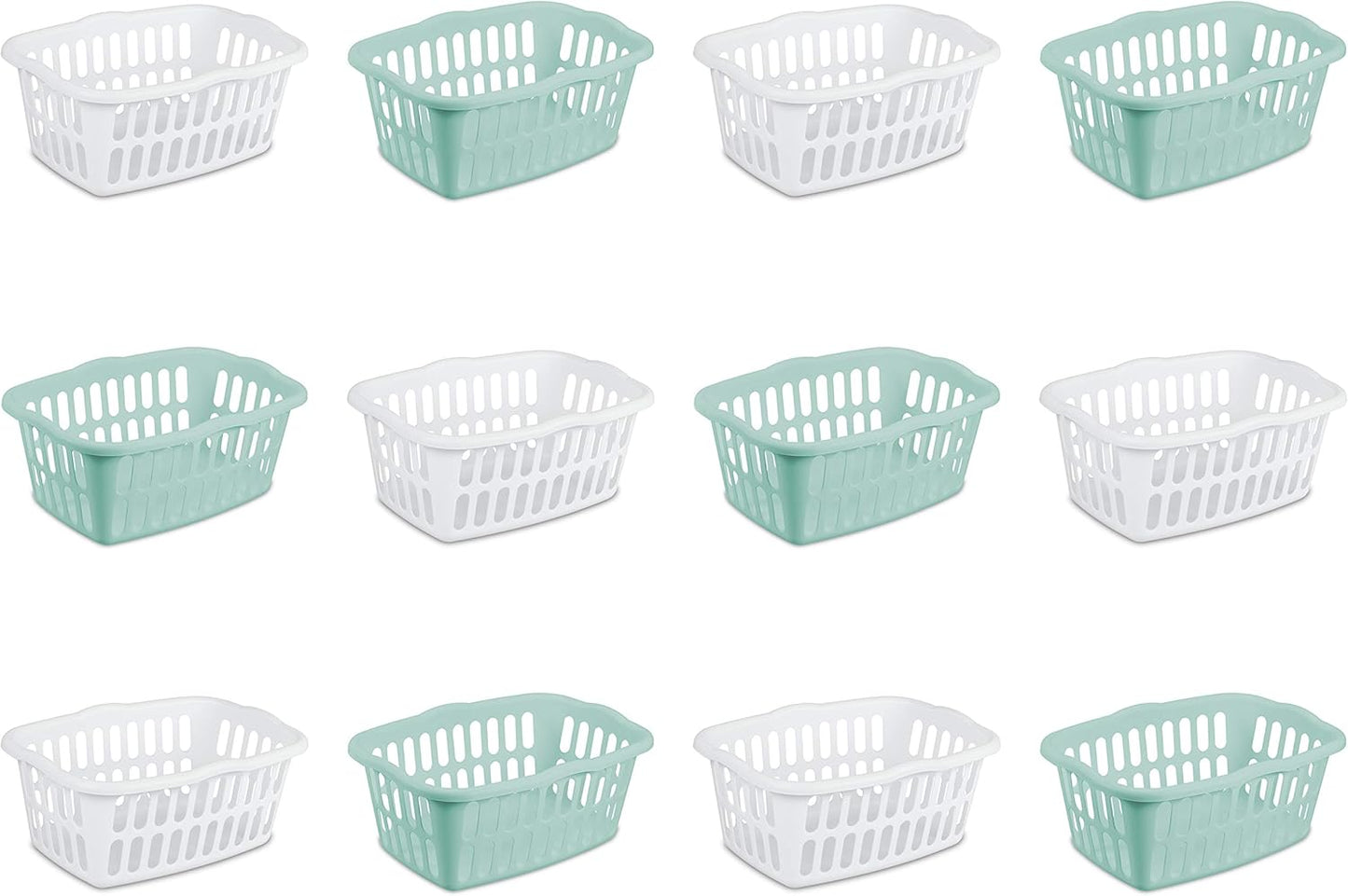 Sterilite 1.5 Bushel Laundry Basket - Classic Plastic Design for Easy Carrying | White & Aqua, 12-Pack