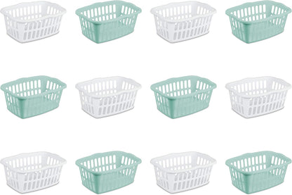 Sterilite 1.5 Bushel Laundry Basket - Classic Plastic Design for Easy Carrying | White & Aqua, 12-Pack