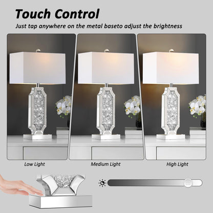 3-Way Dimmable Touch Diamond Crushed Mirrored Bedside Table Lamps Set of 2 for Living Room with USB A+C Ports,Tall Silver Modern Bling Nightstands Lamps for Bedroom with 2 Bulbs