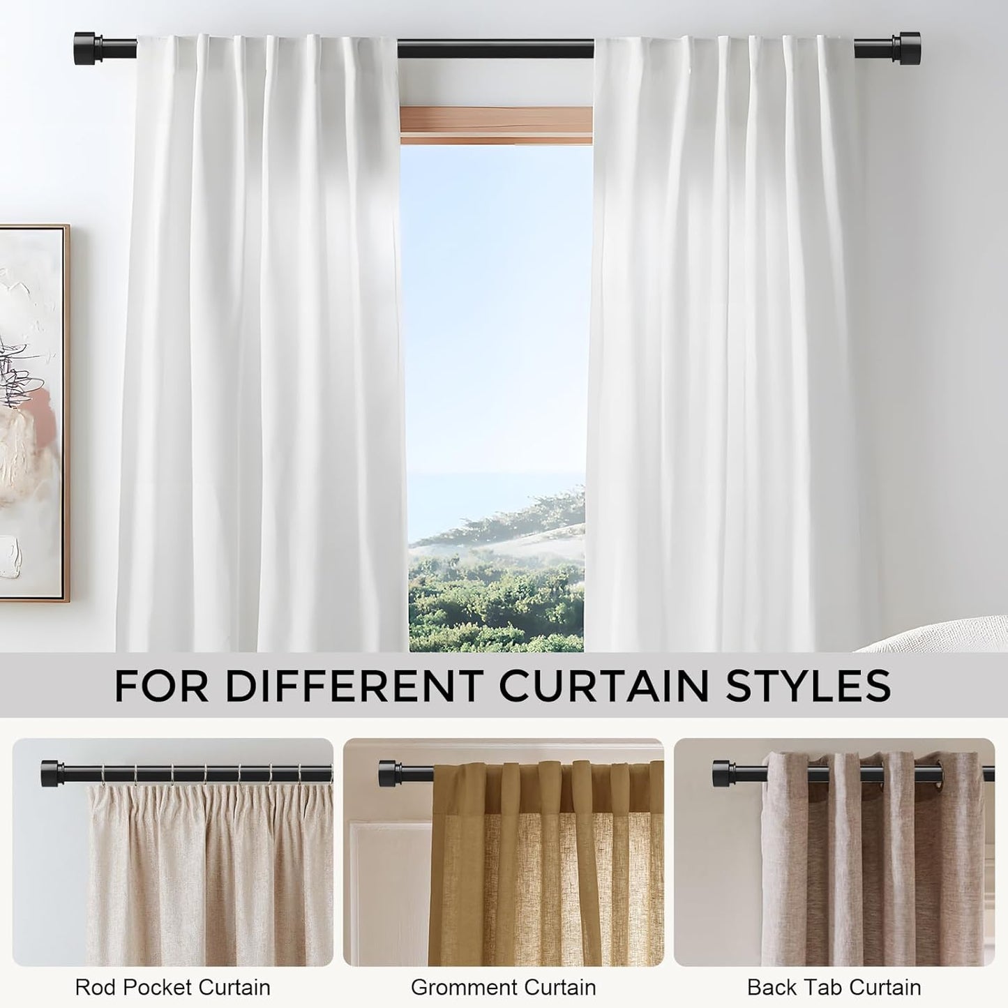 Skiennix Extra Long Curtain Rods - Heavy Duty 1 Inch Adjustable Window Treatment | 36-144 Inch, Black