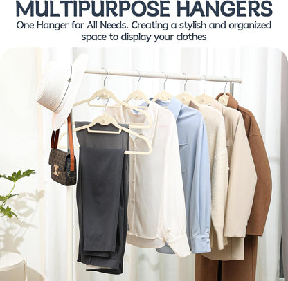 Velvet Hangers 50 Pack - Non-Slip Stackable Clothes Hangers with 360° Swivel Hooks | Ivory Felt Design