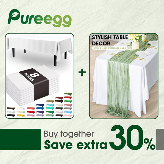 Pureegg Table Cloth Set - 8 Waterproof Disposable Tablecloths (54"x108") & 2 Cheesecloth Runners (35"x120") | Elegant White & Sage for Parties, Picnics & Weddings