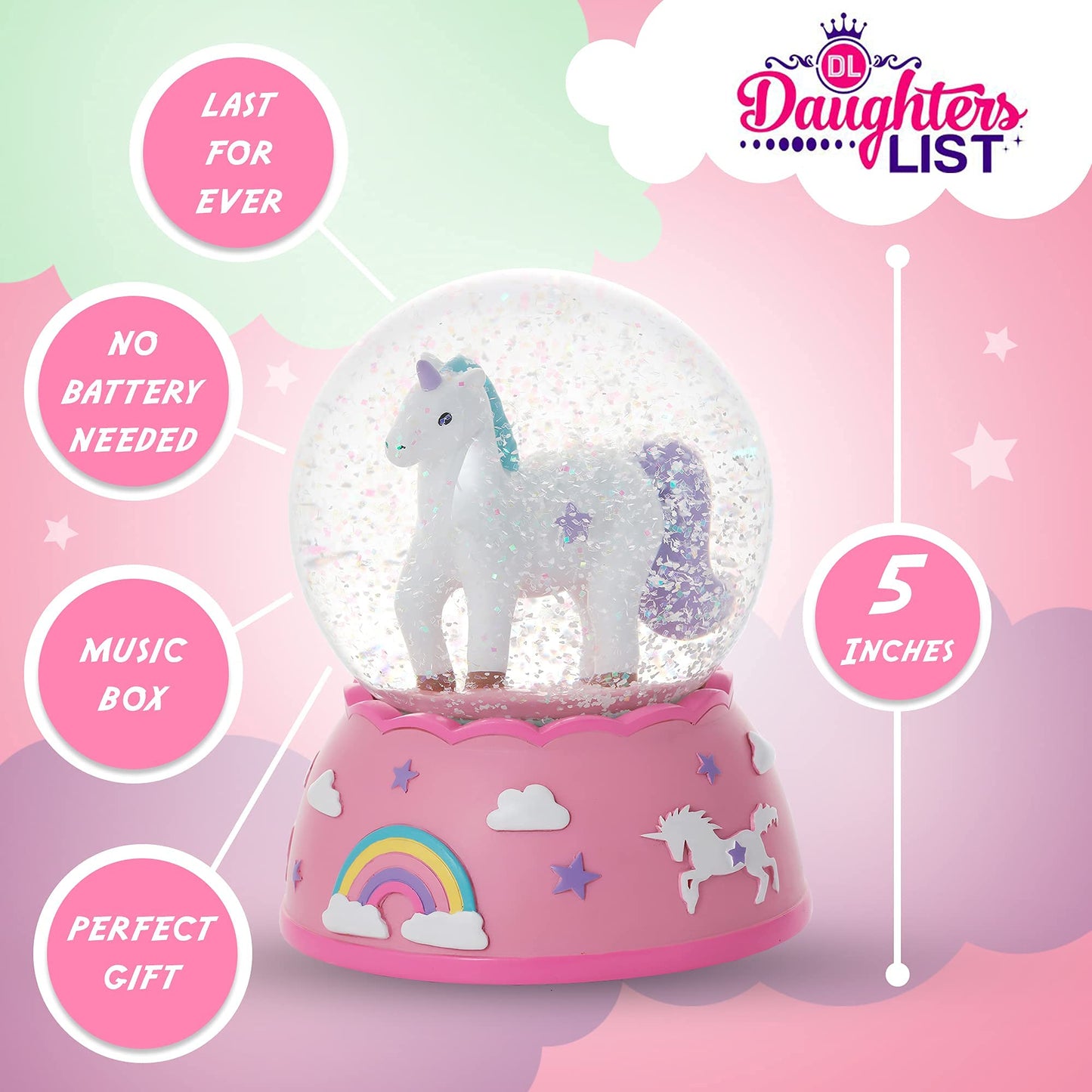 Shatterproof Unicorn Snow Globe for Girls - Handpainted with Musical Melody - Plastic Snow Globes for Kids - Unbreakable Snow Globe - Child Safe