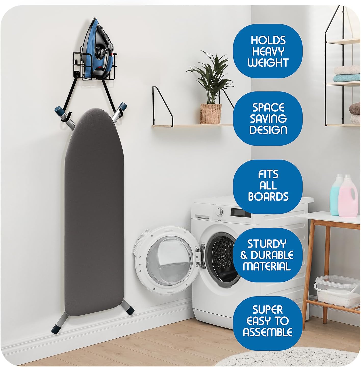 T&V Ironing Board Holder - Wall Mount & Over The Door Hanger for Laundry Room | Heat Reflective & Stain Resistant Cover Set