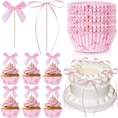 Regine Switzerland Pink Bow Cupcake Liners Set - 50 Cupcake Liners & 31 Bowknot Ribbons | Perfect for Parties & Celebrations
