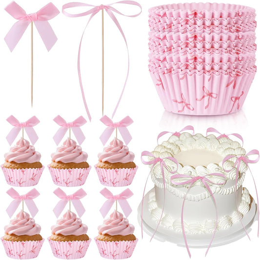 Regine Switzerland Pink Bow Cupcake Liners Set - 50 Cupcake Liners & 31 Bowknot Ribbons | Perfect for Parties & Celebrations