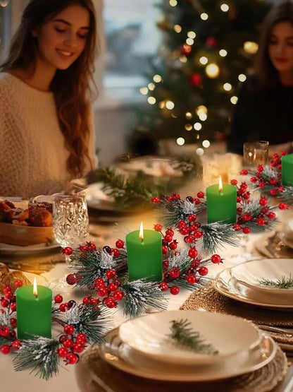 Christmas Candle Rings - Decorative Wreath Garland for 3" Dia Pillar Candles | Artificial Red Berries